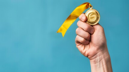 Hand Holding a Medal: A hand holding a shiny gold medal with a ribbon, celebrating a victory.
