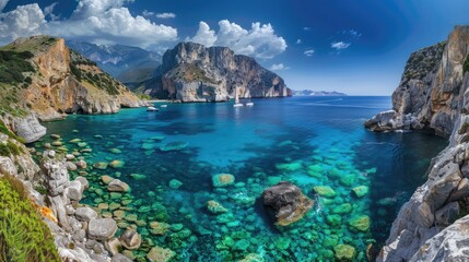 Obraz premium A panoramic view of the stunning coastline and clear waters of the Greek islands.