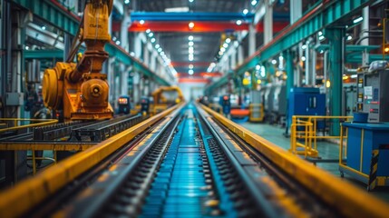 Modern Automated Factory Assembly Line With Conveyor Belt And Robotic Arm