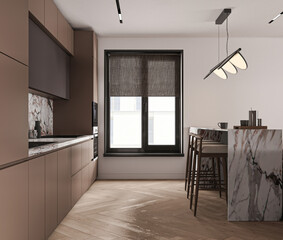 Modern open plan living space with integrated kitchen, featuring a marble island and unique lighting, 3d rendering © Viktoria Kovalchuk