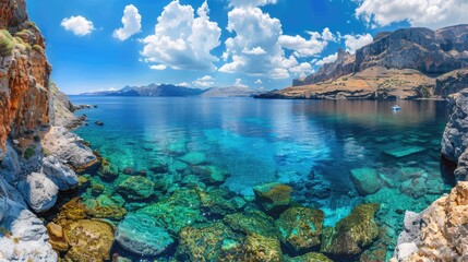 Obraz premium A panoramic view of the stunning coastline and clear waters of the Greek islands.