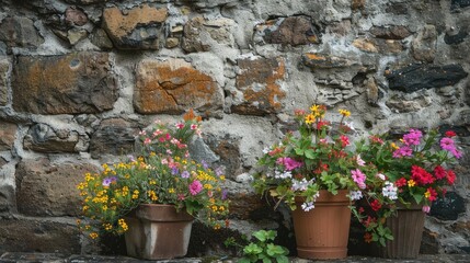 Flower filled pots by aged stone wall