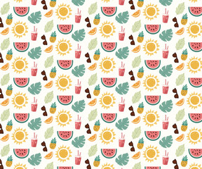 Cute little colorful summer items, seamless pattern for fabric, textiles, clothing, wrapping paper, cover, banner, home decor, abstract backgrounds, vector illustration