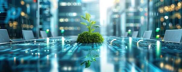 Presentation on ESG standards, ESG evaluation criteria, selective focus, sustainability theme, futuristic, manipulation, meeting room backdrop, copy space for text,