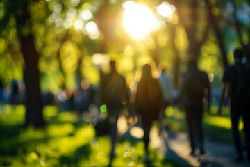 Blurred Silhouettes of People Walking in Park at Dusk, Capturing Calm and Peaceful Atmosphere, Concept of Relaxation and Leisure. Generative AI