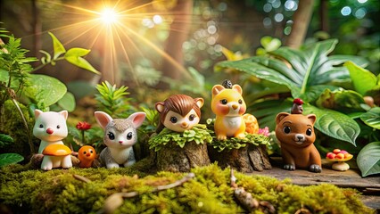 Fototapeta premium Magical forest scene with adorable animal figurines, soft lighting, and vibrant foliage , whimsical, forest, cute