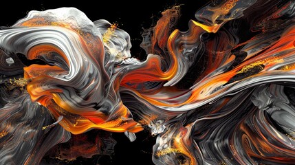 Artistic arrangement of swirling black, white, and orange shapes with gold specks on a dark background