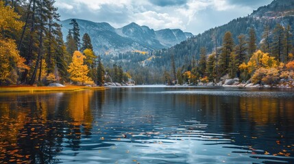 Fototapeta premium A serene lake surrounded by autumn trees in the Rocky Mountains, USA.