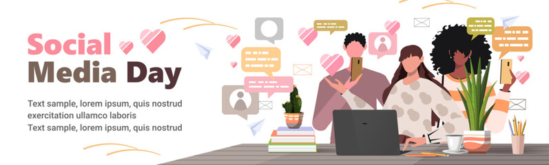  Social Media Day. Teamwork in the office. Social networking, promotion, smm concept. Marketing team, social media management, SMM, brand insight, campaign strategy development. Flat vector 