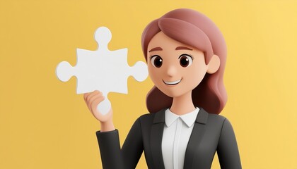 Smiling businesswoman holding a large puzzle piece against a yellow background.