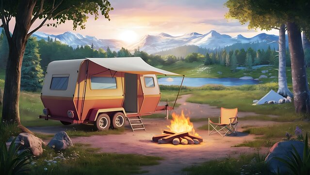 Cartoon camping Summer nature scene with trailer tent and bonfire 3d illustration vector landscape background