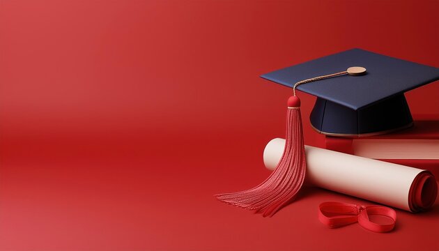 A graduation cap, diploma, and tassel on a red background.