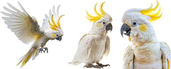 Detailed Portrait and Flight Sequence of a Sulphur-Crested Cockatoo on Transparent Background for Nature and Wildlife Themes, Bird Bundle