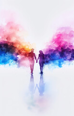 Obraz premium couple walking together to the future; pair of man and woman looking at each other; colorful watercolor background