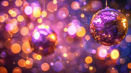 Disco scene with purple and gold lit disco balls