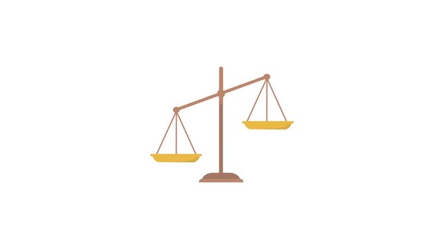 Scale of justice animation isolated on a white background. Animation antique wood and gold scales moving from side to side
