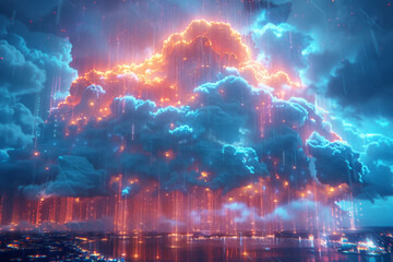 Fototapeta premium Fluffy Cloud Raining Binary Code Over Cityscape