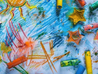 Celebrate the joy of creativity through a burst of colorful art created by children with paint. The vivid canvas is an abstract expression of their playful and imaginative minds.