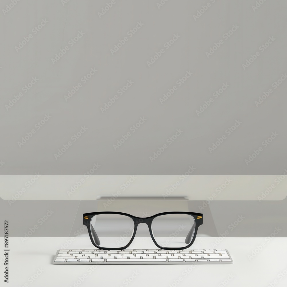 Leinwandbilder a pair of black eyeglasses rests on a white computer keyboard, in front of a white computer monitor.