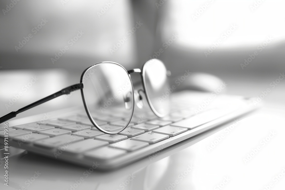 Aufkleber Eyeglasses sit on a white keyboard, suggesting a moment of pause during work. Generative AI