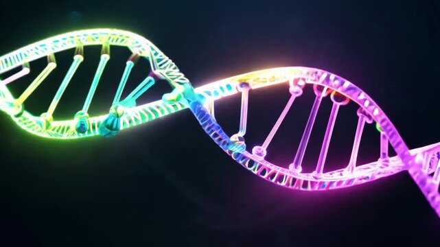 A vibrant, glowing, double helix DNA structure with green, yellow, blue, and purple color accents on a dark background.