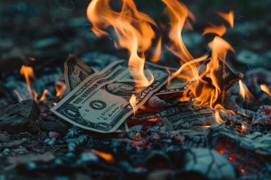 Closeup of fire burning us dollar bills, depicting financial loss