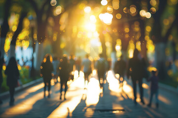 Fototapeta premium Blurred Silhouettes of People Walking in Park at Dusk, Capturing Calm and Peaceful Atmosphere, Concept of Relaxation and Leisure. Generative AI