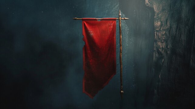 red medieval flag hanging vertically on a blank pole, game design, mockup, isolated, pennon, medieval, vertical, flag, red, hanging,design, mockup, template, poster, banner, background