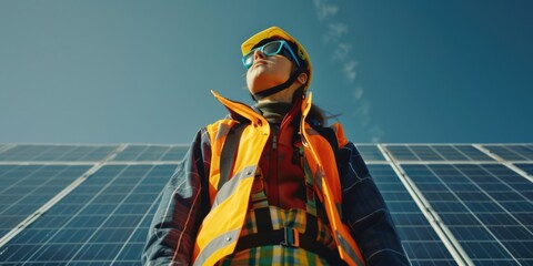 Worker wearing safety gear standing in front of solar panels on a sunny day.