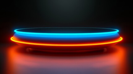 Black round futuristic podium glowing with blue and orange neon lights on dark background