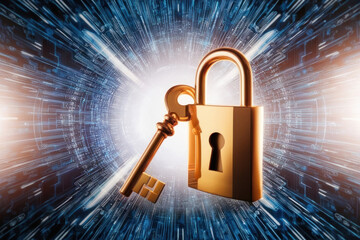 A shining lock and key is a symbol of security and trust in blockchain technologies. Conceptual image demonstrating the reliability and security of digital transactions