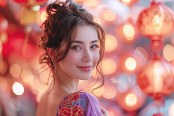 Naklejka premium Australian female wearing purple cheongsam in lunar new year festival event