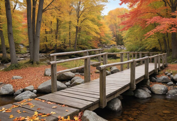  Charming wooden bridge crossing a babbling brook surrounded by fall foliage. 
