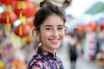 Germany female wearing purple cheongsam in lunar new year festival event