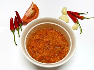 Sambal Tomat. Indonesian traditional sauce uses ingredients such as red chili, garlic and tomato paste popular in Java and Bali.