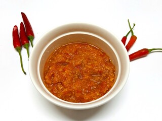 Sambal Tomat. Indonesian traditional sauce uses ingredients such as red chili, garlic and tomato paste popular in Java and Bali.