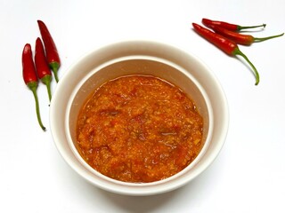 Sambal Tomat. Indonesian traditional sauce uses ingredients such as red chili, garlic and tomato paste popular in Java and Bali.