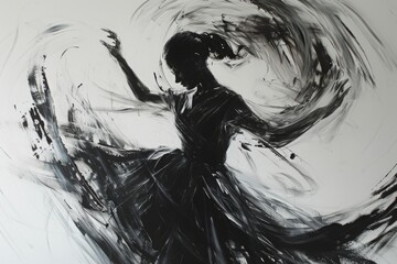A monochrome painting depicting a woman dancing, captured in black and white, Dynamic dance movements captured using long brush strokes, AI Generated