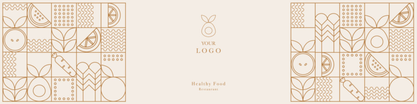 Line geometric mosaic seamless pattern illustration. Organic fruit vegetable geometric pattern. Natural food background creative simple bauhaus style, agriculture vector design. Healthy Food pattern
