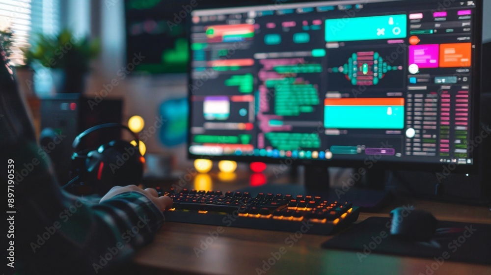Wall mural an illustration of software developer working on computer code at night