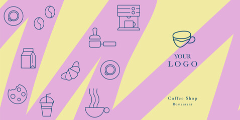 Hand drawn illustration of Bakery and Coffee. Icons. Abstract geometric line background. Gold luxury. Pattern for cover design, food package, menu, background, café wall, coffee shop, web banner