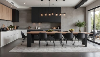 Beautiful open-plan kitchen and dining area featuring a matte black color scheme and a cozy fireplace