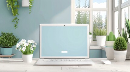 Modern home office setup featuring laptop with blank screen for mockup