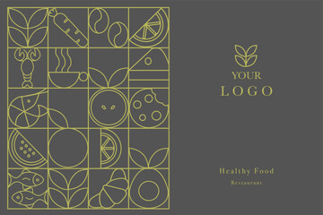 Hand drawn illustration. Organic fruit, vegetable, fish, seafood, coffee and bakery geometric pattern. Abstract geometric line background. Gold luxury  Healthy Food pattern