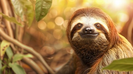 Naklejka premium Serene Sloth Enjoying Sunny Day in Lush Rainforest