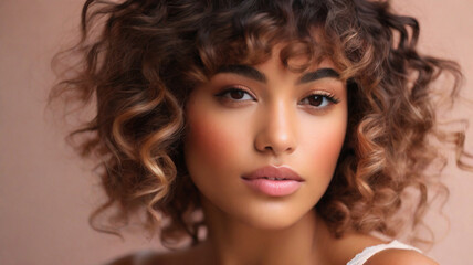 Fototapeta premium Studio portrait of gorgeous female model with fresh glowy skin and voluminous well defined healthy curly hair