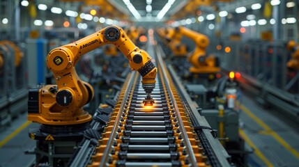 A Yellow Industrial Robot Working on an Assembly Line in a Modern Factory