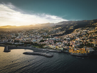 Beautiful view of the city of Funchal, Madeira Island, from the sea by drone