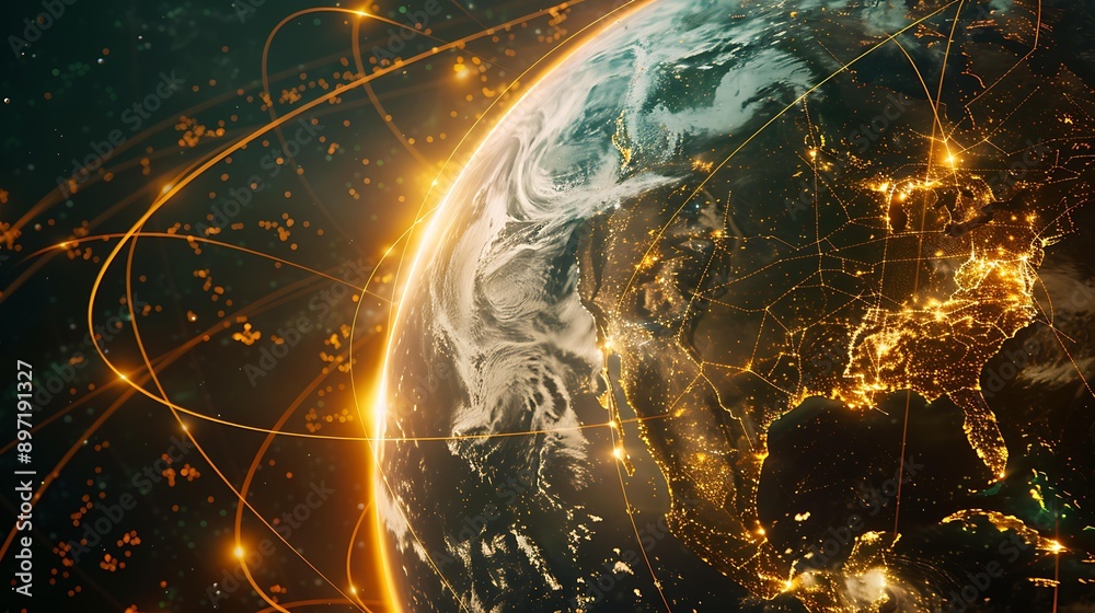Poster a digital rendering of a planet with a glowing surface, illuminated by a web of yellow lines connect