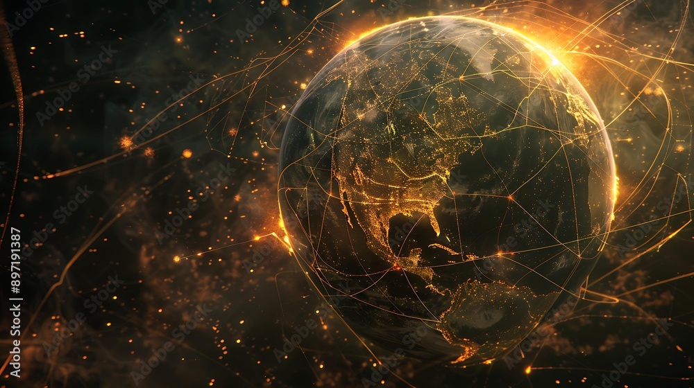 Poster a digital rendering of a planet with a glowing surface, illuminated by a web of yellow lines connect